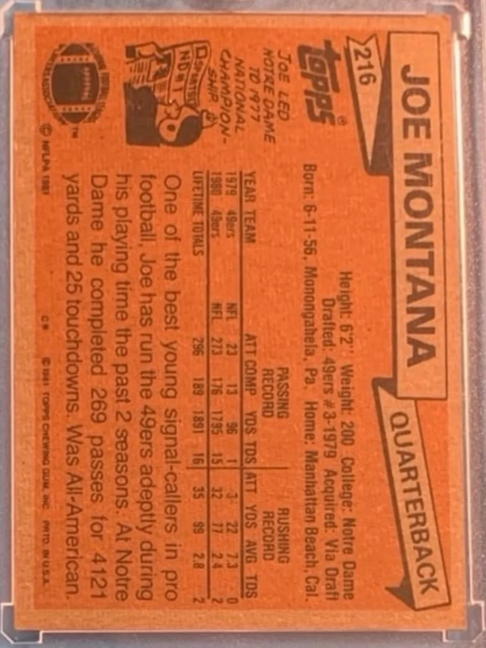 **AUTHENTIC** JOE MONTANA ROOKIE CARD (RC) - 1981 TOPPS #216 - Picture 2 of 2